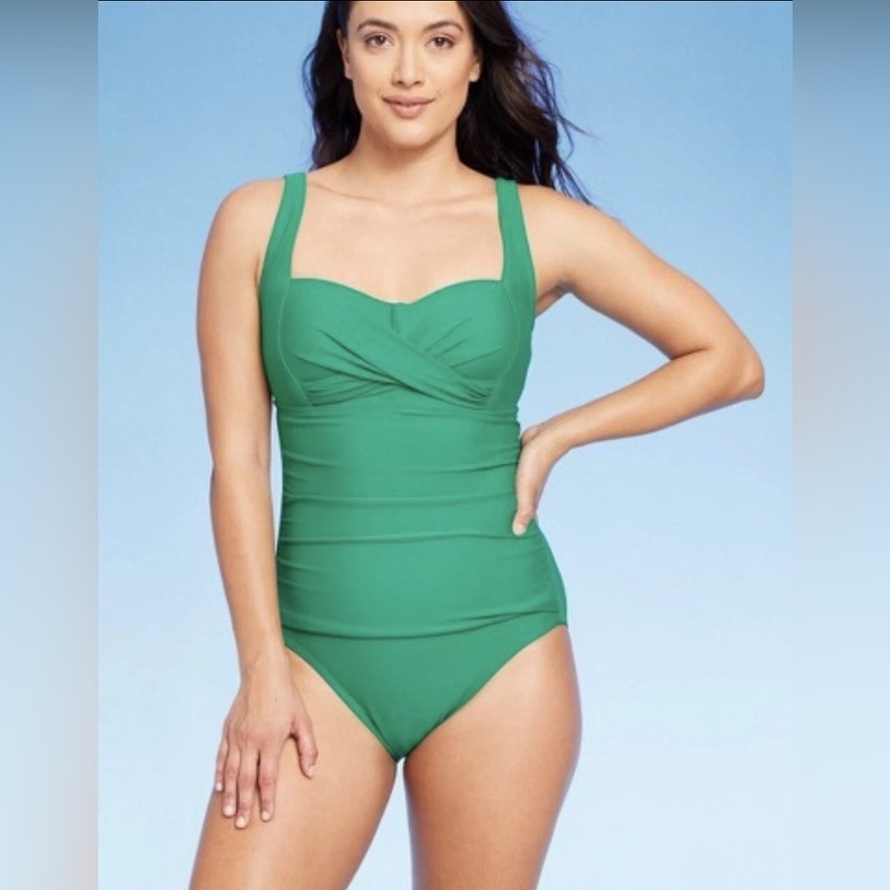 Kona Sol Emerald Green Ruched One-Piece Swimsuit